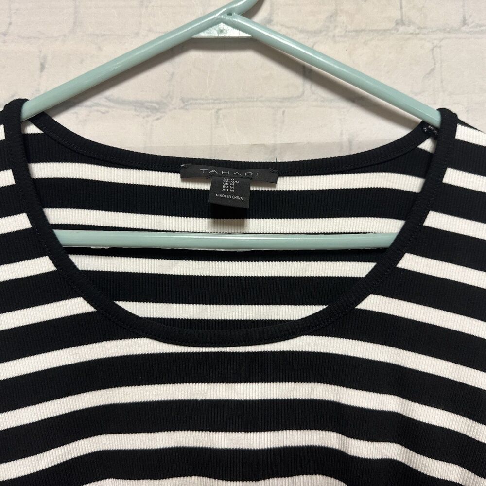 Tahari Women's Black white stripe 3/4 Sleeve Sweater Blouse Pullover Knit medium - Picture 3 of 6